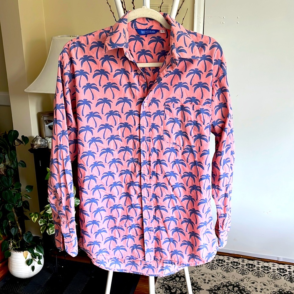 🌴🌴🌴Three Islands Coconut Tree Print Cotton Shirt Men- Light Pink Blue-S